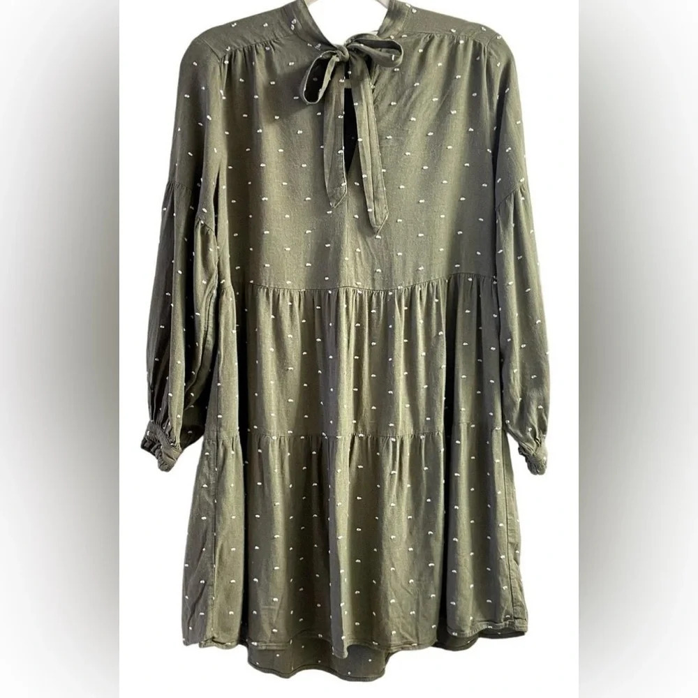 Zara Tunic Green V-Neck Tie Long Sleeve Women's Dress Size Medium
